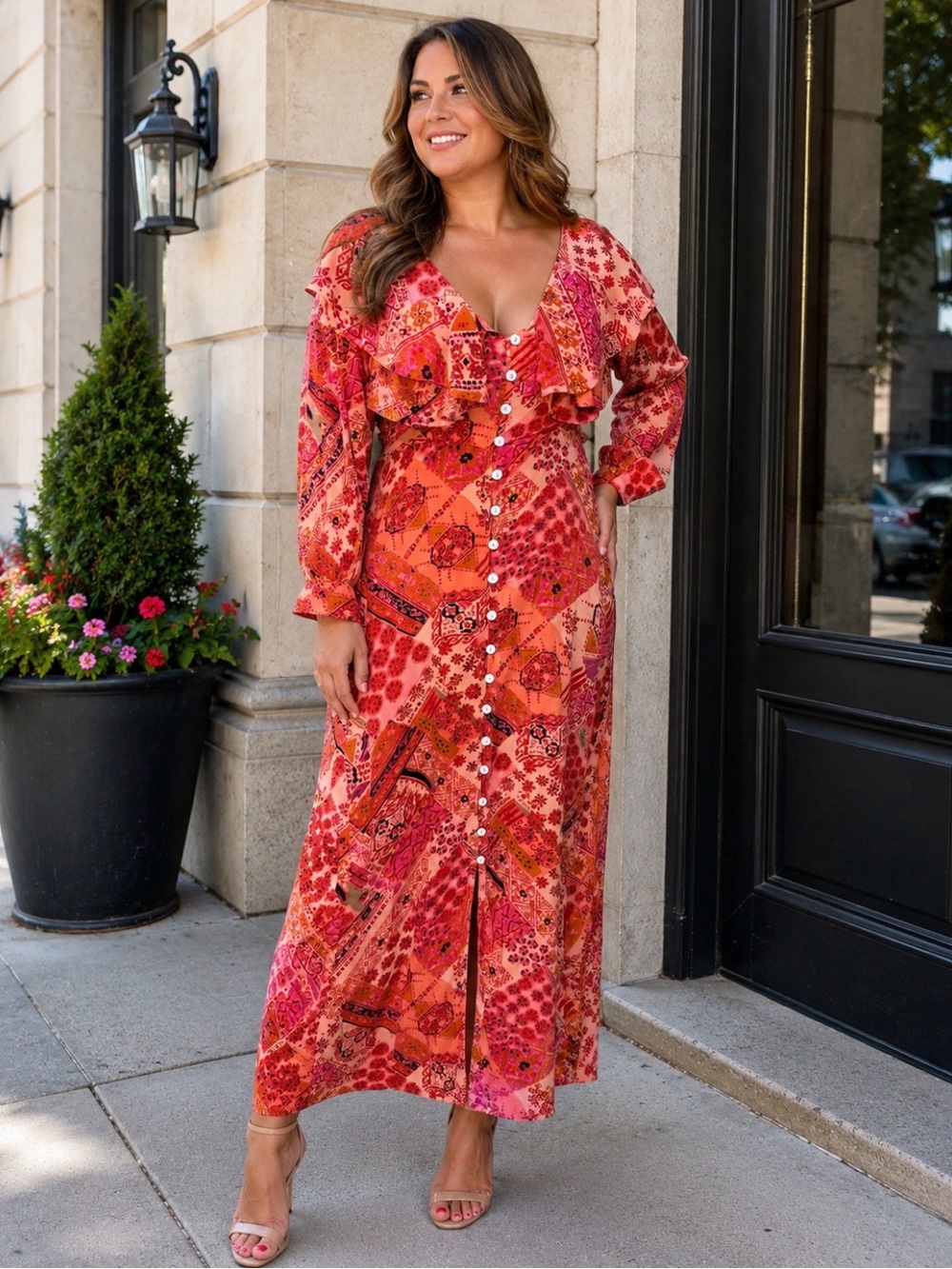Free People Lennon Red and Coral Patchwork V-Neck Maxi Dress